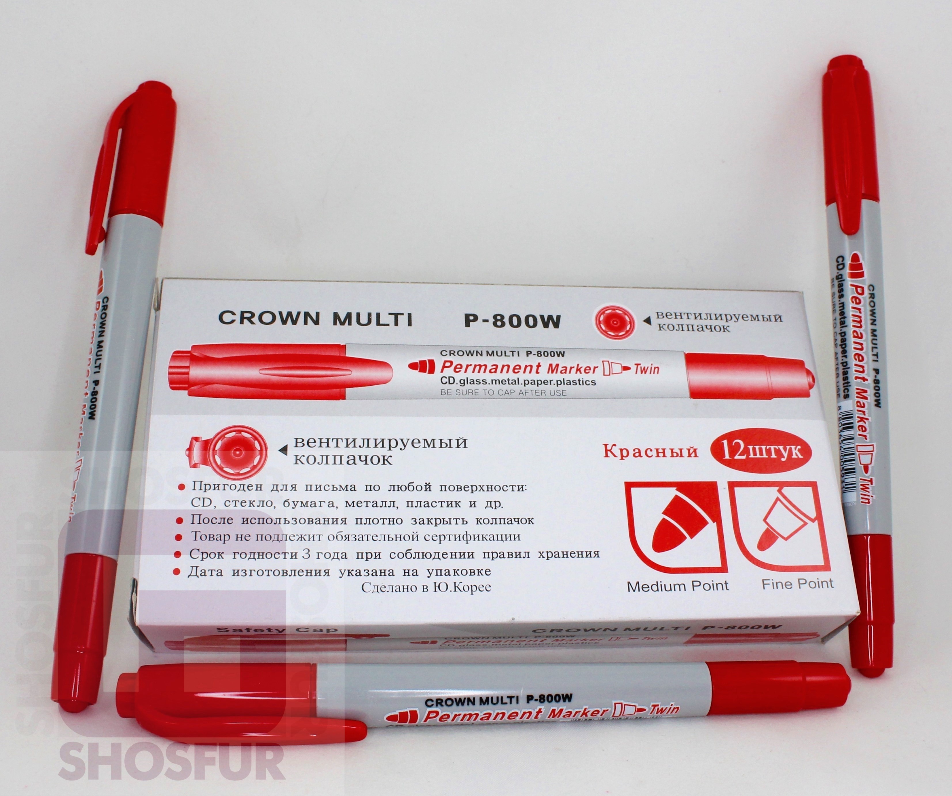 Маркер перманентный двусторонний Crown "Multi Marker Twin" цв. красный 2/1мм